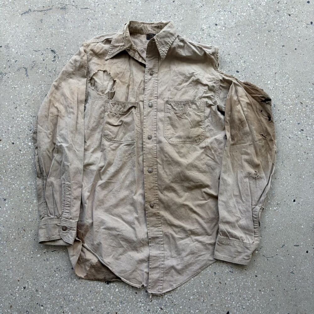 Vintage 40s N&W Tan Canvas Distressed Workwear Shirt